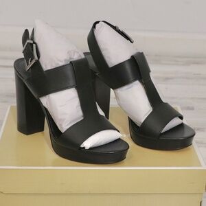 Michael Kors Becker T Strap Leather Platform Sandal Black 8.5